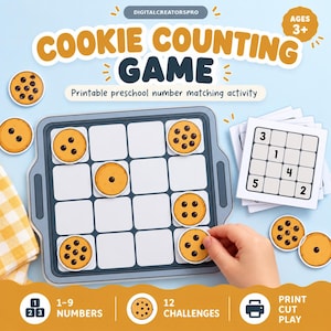 May include: A Cookie Counting Game printable preschool number matching activity featuring a gray baking sheet grid, round cookie tokens with chocolate chips, and number cards. The text reads Cookie Counting Game, Ages 3+, and 1-9 Numbers.