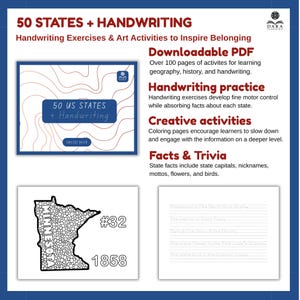 May include: A digital educational resource titled 50 States + Handwriting featuring handwriting exercises and art activities. The document includes over 100 pages of geography and history content, coloring pages of state maps, and lined practice sheets.