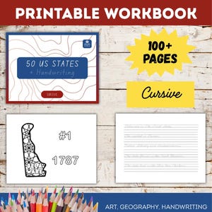 Puede incluir: Un cuaderno de ejercicios imprimible de más de 100 páginas para practicar caligrafía cursiva sobre los 50 estados de EE. UU. La portada muestra el texto 50 US STATES + Handwriting y Cursive. Incluye contornos de estados, números y líneas.