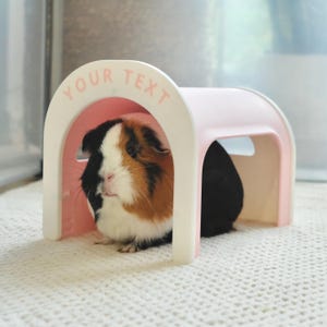 May include: A light pink and white arched pet hideout with the text YOUR TEXT printed on the front. A tricolour guinea pig with black, brown, and white fur is positioned inside the tunnel-shaped structure, which features open sides.