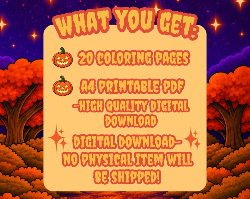 May include: A digital download information card with a light orange background and orange text. The text reads: WHAT YOU GET: 20 COLORING PAGES, A4 PRINTABLE PDF, HIGH QUALITY DIGITAL DOWNLOAD, DIGITAL DOWNLOAD-NO PHYSICAL ITEM WILL BE SHIPPED!