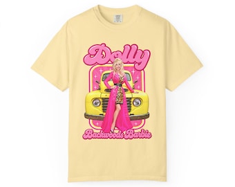 Retro Dolly Parton Graphic T-shirt | Pink Yellow Vintage Car Design | Backwoods Barbie