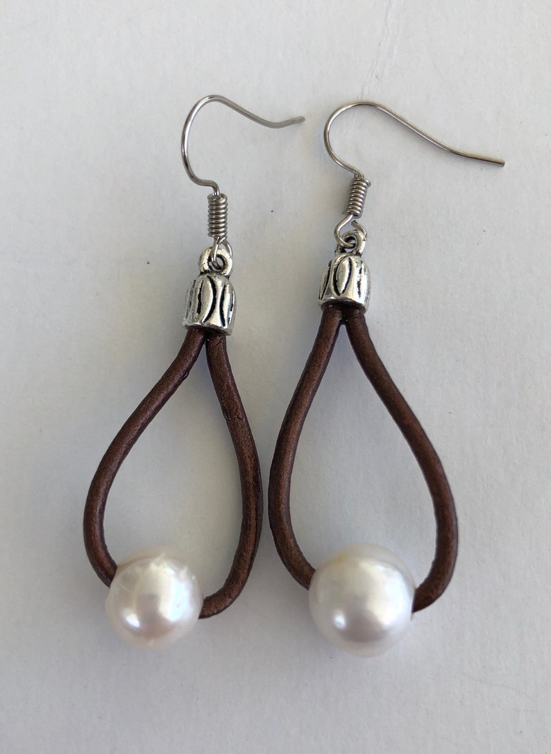Pearl on Leather Hoop Earrings | Etsy