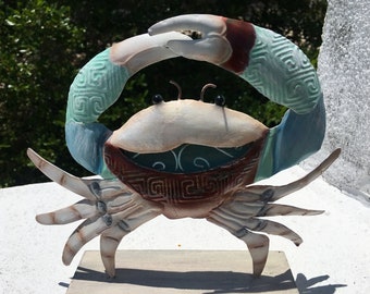 Blue Metal Crab Statue