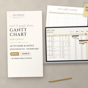 May include: A digital project planner for Excel and Google Sheets featuring a Gantt chart, auto bars, dates, and dependencies. The display shows a laptop screen with a project dashboard, a printed chart, and a sticky note labeled launch Dec 3.