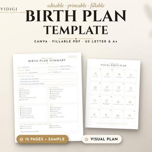 Puede incluir: Una plantilla de plan de parto editable, imprimible y rellenable que incluye una página de resumen y una página de plan de parto visual con iconos. El documento contiene secciones para preferencias de parto, trabajo de parto y cuidados.