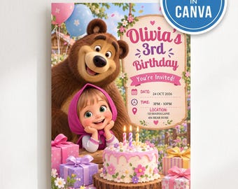 May include: A birthday invitation card featuring a brown bear and a girl in a pink headscarf. The text reads Olivia's 3rd Birthday, You're Invited, Date 24 Oct 2026, Time 3PM-10PM, Location 123 Masha Lane 456 Bear Hose. A cake with candles is shown.