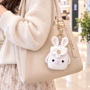 May include: A cream-colored leather tote bag featuring a crochet bunny-shaped pouch keychain. The pouch is white with two long ears, a small wooden button closure on the flap, two black bead eyes, and a stitched pink nose and mouth detail.