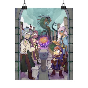 May include: A digital illustration featuring four fantasy characters standing in stone ruins. A glowing purple twenty-sided die floats above a pedestal. A large green serpent-like creature looms in the background under a cloudy sky.