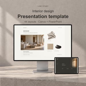 May include: A digital interior design presentation template displayed on a computer monitor and a tablet. The screen shows 44 layouts for Canva and PowerPoint, featuring mood boards with room imagery, fabric swatches, and dark-themed slides.