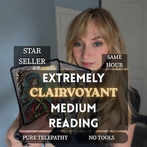 May include: Two rectangular tarot cards with ornate black borders and colorful illustrations of figures in robes. Text overlays read STAR SELLER, SAME HOUR, EXTREMELY CLAIRVOYANT MEDIUM READING, PURE TELEPATHY, and NO TOOLS in white and gold lettering.