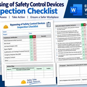 Peut inclure: Un modèle Microsoft Word modifiable pour une liste de contrôle d'inspection des dispositifs de sécurité. Le document comprend des sections pour la vérification préliminaire, les points de contrôle, un plan d'action et des espaces pour photos.