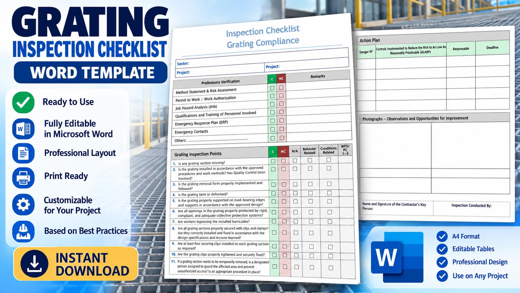 Example Insection Report Form Grating Inspection Checklist | Editable Word Template | HSE Safety ...