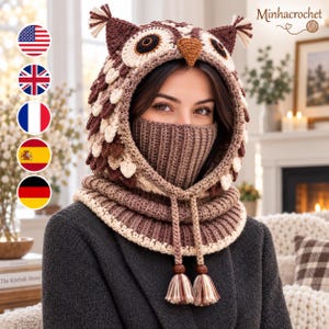 Owl Hooded Cowl Crochet Pattern PDF, Adult Owl Balaclava, Ribbed Face Warmer, Feathered Winter Hood, Digital Download
