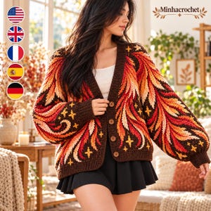 Phoenix Feather Cardigan Crochet Pattern, Oversized Firebird Sweater with Balloon Sleeves, Fantasy Wearable Art Digital Pattern