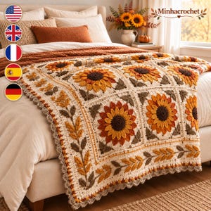 May include: A crochet blanket featuring a repeating square pattern of sunflowers with dark brown centers and golden yellow petals, accented by dark green leaves and wheat-like stalks, finished with a scalloped border in a light beige yarn.