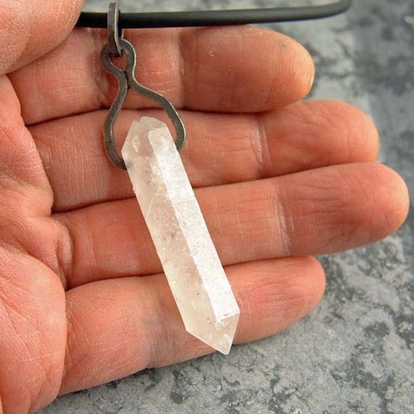 Double terminated Quartz Crystal Pendant with antiqued, oxidized Silver.