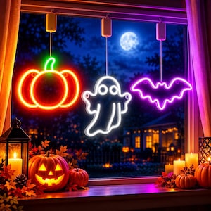 May include: Three hanging neon-style LED lights shaped like a pumpkin, a ghost, and a bat, suspended in a window. Below, a carved jack-o'-lantern and two smaller pumpkins sit on a ledge alongside a lit candle inside a black metal lantern.