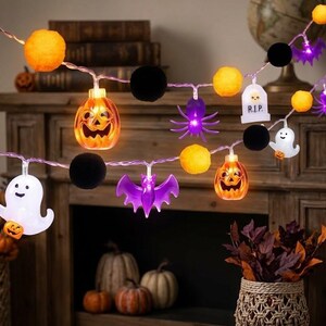 Halloween String Lights 10FT, Battery Operated Pumpkin Ghost Bat Decor, 8 Modes, Indoor Outdoor