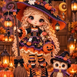 Può includere: Una bambola all'uncinetto con lunghi capelli biondi che indossa un costume da strega nero e arancione, un cappello a tesa larga con un fantasma e una zucca, tiene una scopa con lanterna, accompagnata da un piccolo gufo con cappello.