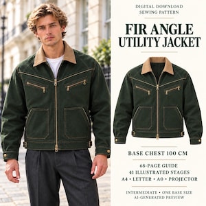 Mens Utility Jacket Sewing Pattern PDF, Zip Front Workwear Jacket, Contrast Collar, Patch Pockets, A4 A0 Projector Digital Download