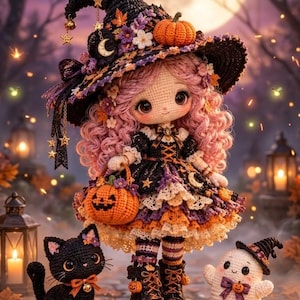 Häkelanleitung für eine Halloween-Hexe, Amigurumi-Hexe (PDF), Eulen-Kürbis-Tasche, Hexenhut und Stiefel, Halloween-Häkelanleitung