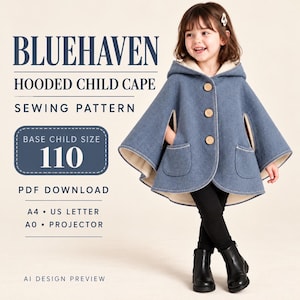 May include: A blue hooded child cape sewing pattern featuring three wooden buttons and two front pockets. Text includes BLUEHAVEN HOODED CHILD CAPE SEWING PATTERN, BASE CHILD SIZE 110, PDF DOWNLOAD, A4, US LETTER, A0, PROJECTOR, and AI DESIGN PREVIEW.