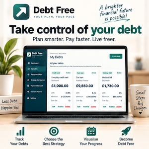 May include: A laptop screen displays a financial dashboard titled My Debts with columns for credit card, auto loan, and medical debt. Text includes Debt Free, Take control of your debt, Plan smarter. Pay faster. Live freer, and Small Steps Big Changes.