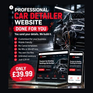 Könnte beinhalten: Eine Werbegrafik für einen professionellen Website-Service für Autoaufbereiter mit einem schwarzen Auto, einem Laptop und einem Smartphone, das die Website DetailPro anzeigt. Der Text enthält Professional Car Detailer Website.