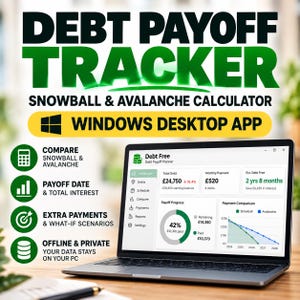May include: A Windows desktop app for debt management titled Debt Payoff Tracker. The interface displays a dashboard with total debt, monthly payments, estimated payoff time, progress charts, and a payment comparison graph for snowball and avalanche methods.