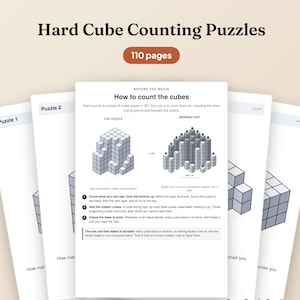 Puede incluir: Un libro de 110 páginas titulado Hard Cube Counting Puzzles que incluye páginas instructivas sobre cómo contar pilas de cubos en 3D. Las páginas muestran estructuras de cubos isométricos, encabezados de rompecabezas numerados y métodos de conteo.