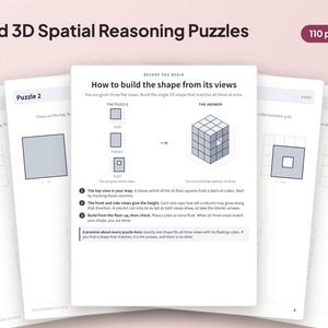Może przedstawiać: 110-stronicowa książka zatytułowana Hard 3D Spatial Reasoning Puzzles zawierająca strony instruktażowe dotyczące budowania kształtów z widoków z góry, z przodu i z boku. Strony przedstawiają siatki izometryczne, łamigłówki i struktury.