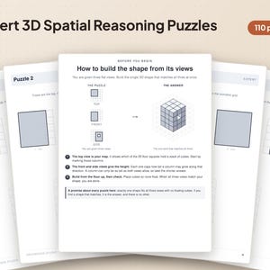 Op de afbeelding: Een boek van 110 pagina's getiteld Expert 3D Spatial Reasoning Puzzles met instructiepagina's over het bouwen van vormen vanuit bovenaanzicht, vooraanzicht en zijaanzicht. De pagina's bevatten rasterdiagrammen, isometrische blokjes en tekst.