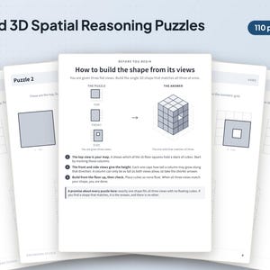 May include: A 110-page book titled Hard 3D Spatial Reasoning Puzzles. The pages feature instructional diagrams on how to build shapes from top, front, and side views, alongside individual puzzle pages with isometric grids for solving 3D challenges.