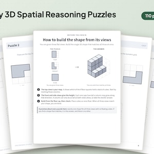 Könnte beinhalten: Ein 110-seitiges Buch mit dem Titel Easy 3D Spatial Reasoning Puzzles, das Anleitungen zum Konstruieren von Formen aus Draufsicht, Vorderansicht und Seitenansicht enthält. Die Seiten zeigen isometrische Rasterdiagramme und Schritt-für-Schritt-Anleitungen.