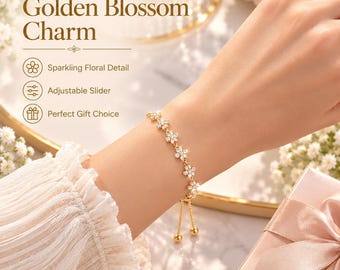 Dainty Flower Crystal Bracelet, Gold Floral Daisy Jewelry, Adjustable Slider Gift