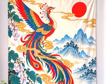 Tapisserie murale d'intérieur Phénix et montagnes | Style traditionnel chinois | Motif floral et soleil oriental | 224 cm × 264 cm