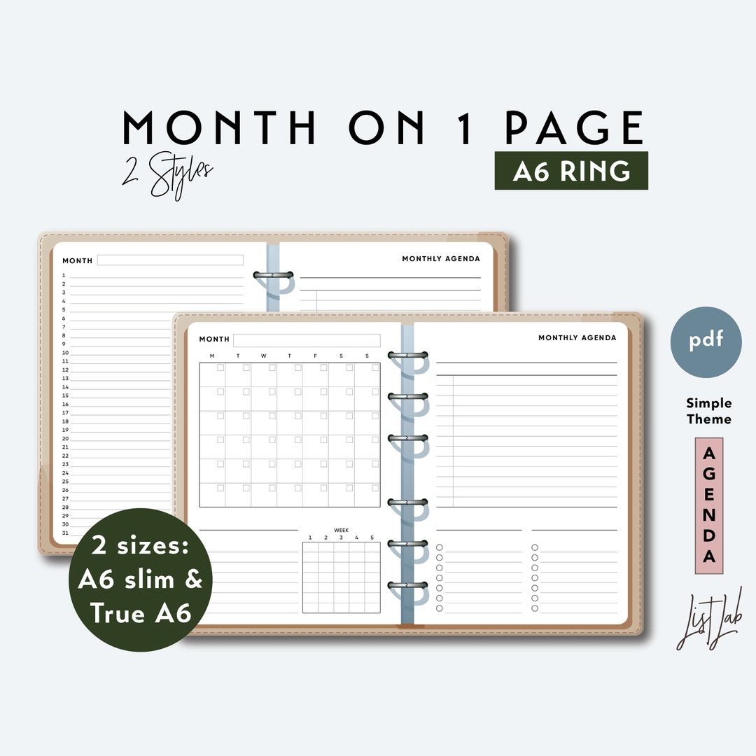 A6 Ring Month on 1 Page Set With Lists and Tracker - Printable Ring ...