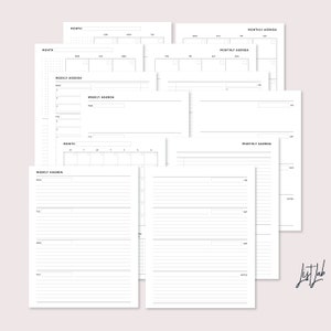 May include: A set of printable planner pages with monthly and weekly agenda layouts. The pages are designed in a minimalist style with black text and lines on a white background.