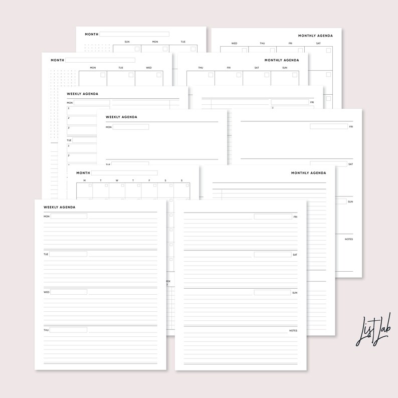 May include: A set of printable planner pages with monthly and weekly agenda layouts. The pages are designed in a minimalist style with black text and lines on a white background.