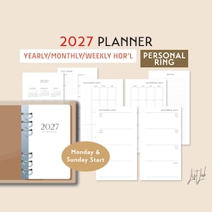May include: A 2027 personal ring planner with a brown cover, featuring yearly, monthly, and weekly layouts. The pages include text such as 2027 PLANNER, YEARLY/MONTHLY/WEEKLY HOR'L, PERSONAL RING, TOP TASKS, and Monday & Sunday Start.