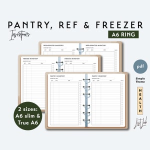 May include: A printable A6 ring binder inventory tracker for pantry, refrigerator, and freezer items. The printable has a simple theme with a light blue and white color scheme. The text "PANTRY, REF & FREEZER Inventories" is at the top of the page. The text "A6 RING" is in the top right corner. The text "2 sizes: A6 slim & True A6" is in the bottom left corner. The text "pdf Simple Theme HEALTH List Lab" is in the bottom right corner.