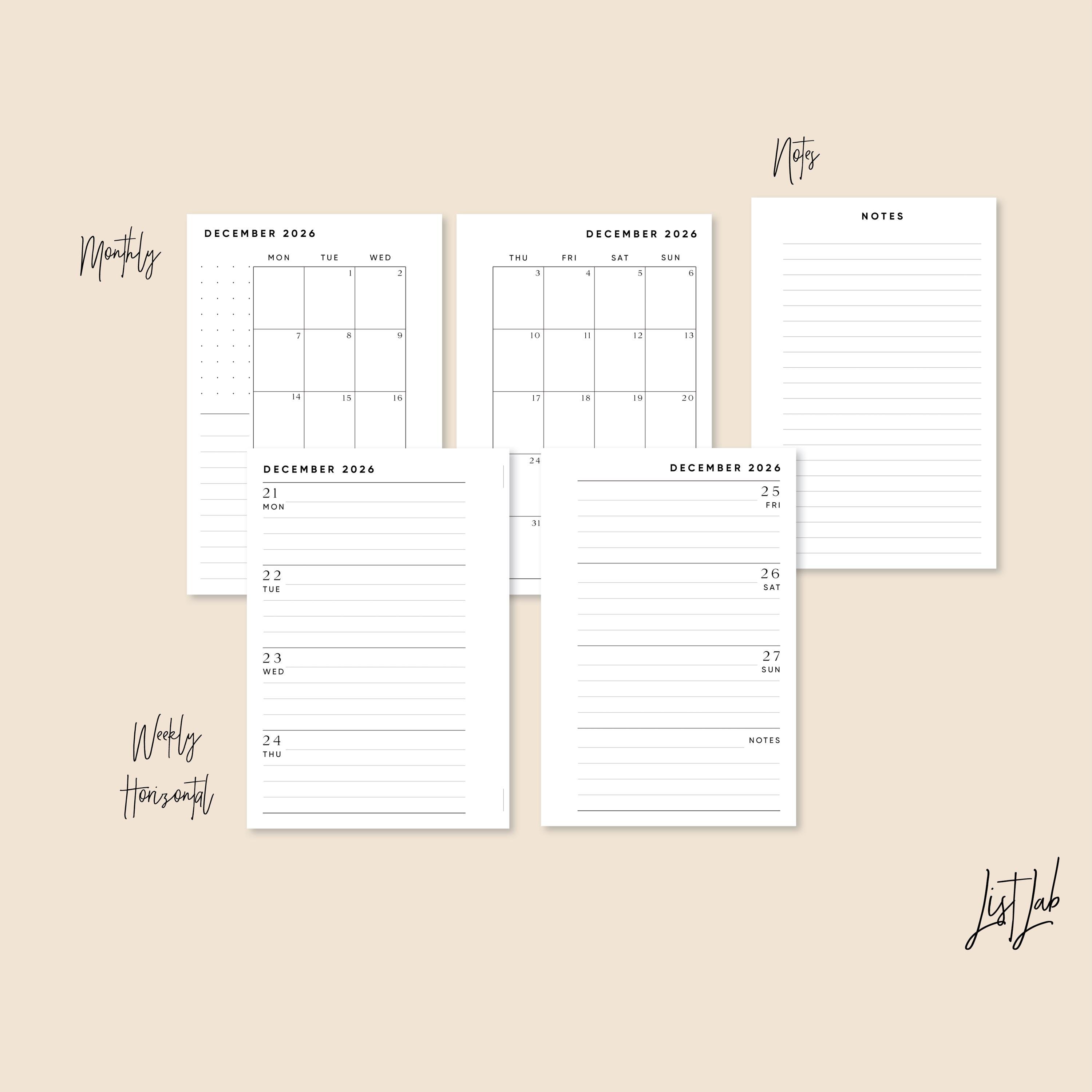 2026 POCKET Ring Yearly Monthly LINED Weekly Wo2p HORIZONTAL Printable ...