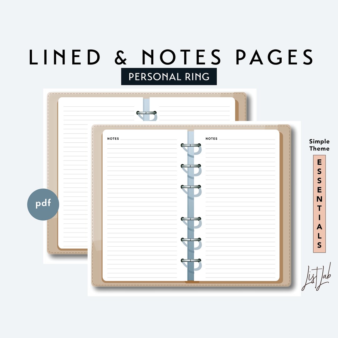 PERSONAL Size Notes and Lined Pages Set - Printable Ring Planner Insert ...