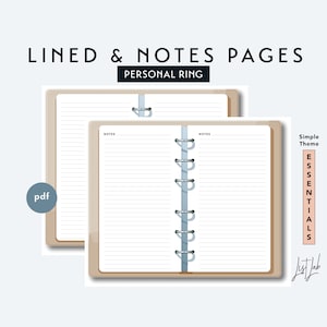 PERSONAL Size Notes and Lined Pages Set - Printable Ring Planner Insert PDF - Simple Theme
