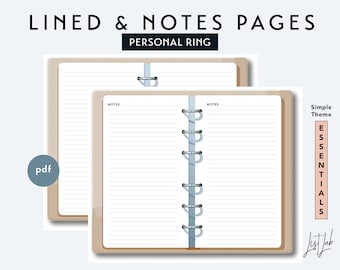 PERSONAL Size Notes and Lined Pages Set - Printable Ring Planner Insert PDF - Simple Theme