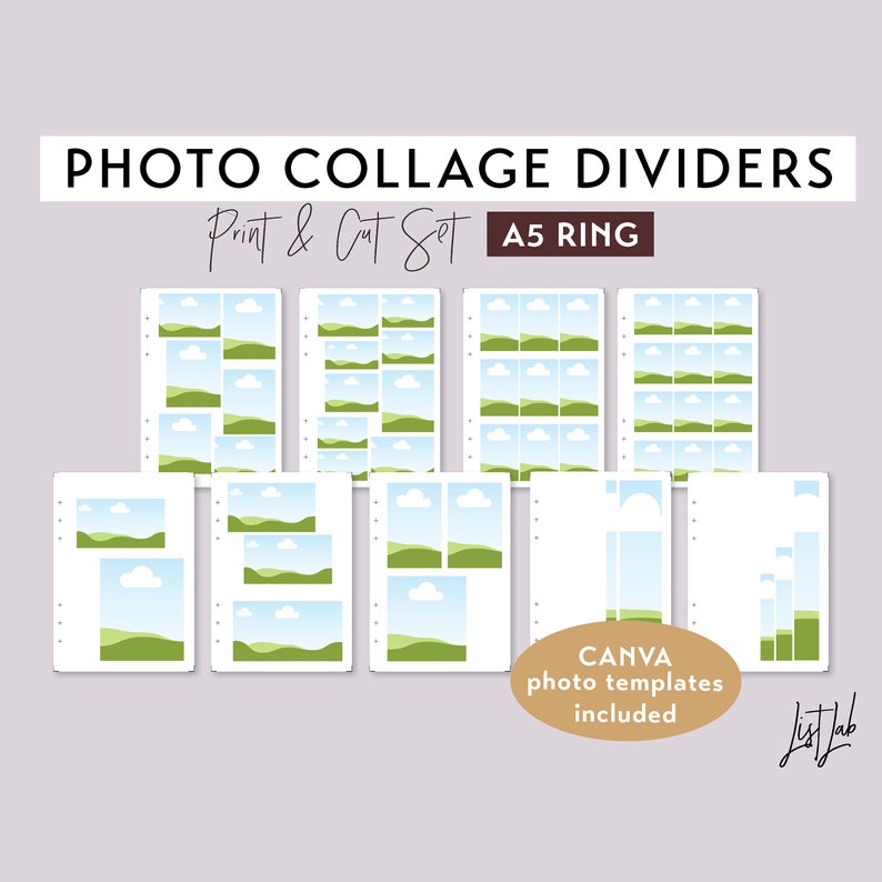 May include: Printable photo collage dividers for A5 ring binders. The dividers feature a green hill and blue sky design with white clouds. The text "Print & Cut Set" and "CANVA photo templates included" is visible on the image.
