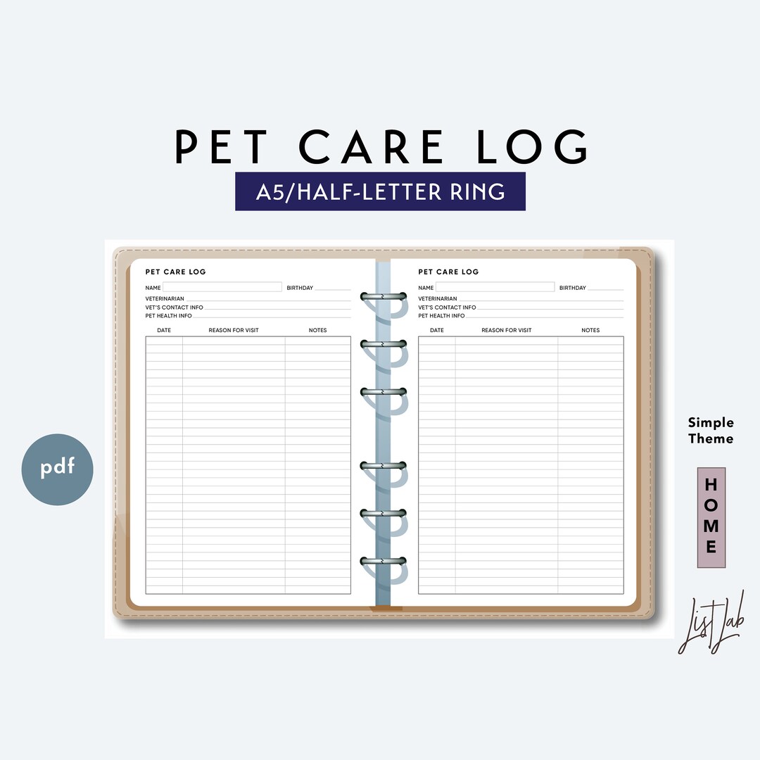 A5 and Half-letter PET CARE LOG | Printable Ring/discbound Planner ...
