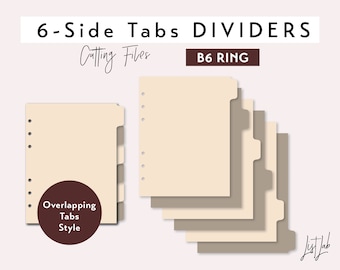 May include: Six beige tab dividers for a B6 ring binder. The tabs have an overlapping style. The dividers are designed for cutting files.