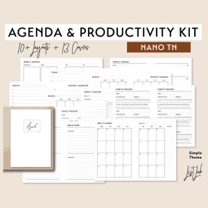 May include: A white agenda and productivity kit with various layouts and covers. The kit includes weekly and monthly agenda pages, habit trackers, and a meal planner. The cover of the agenda is a light beige colour with the word "Agenda" in a handwritten font.